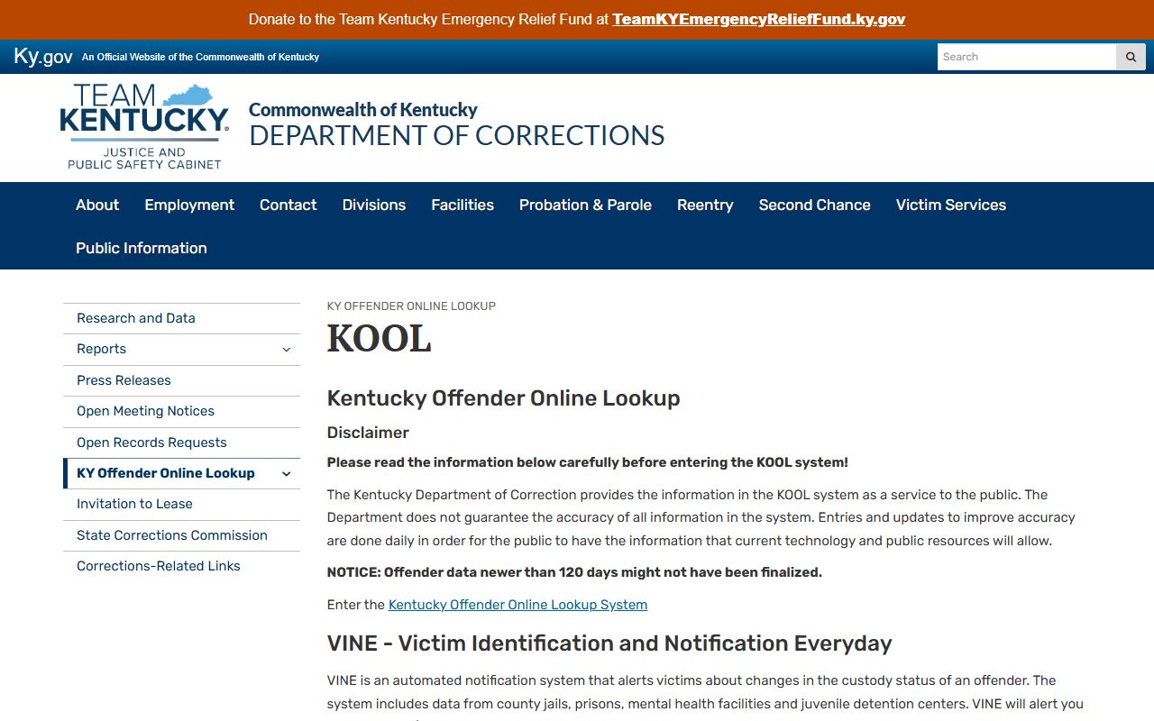 Rowan County inmate records Kentucky DOC KOOL information