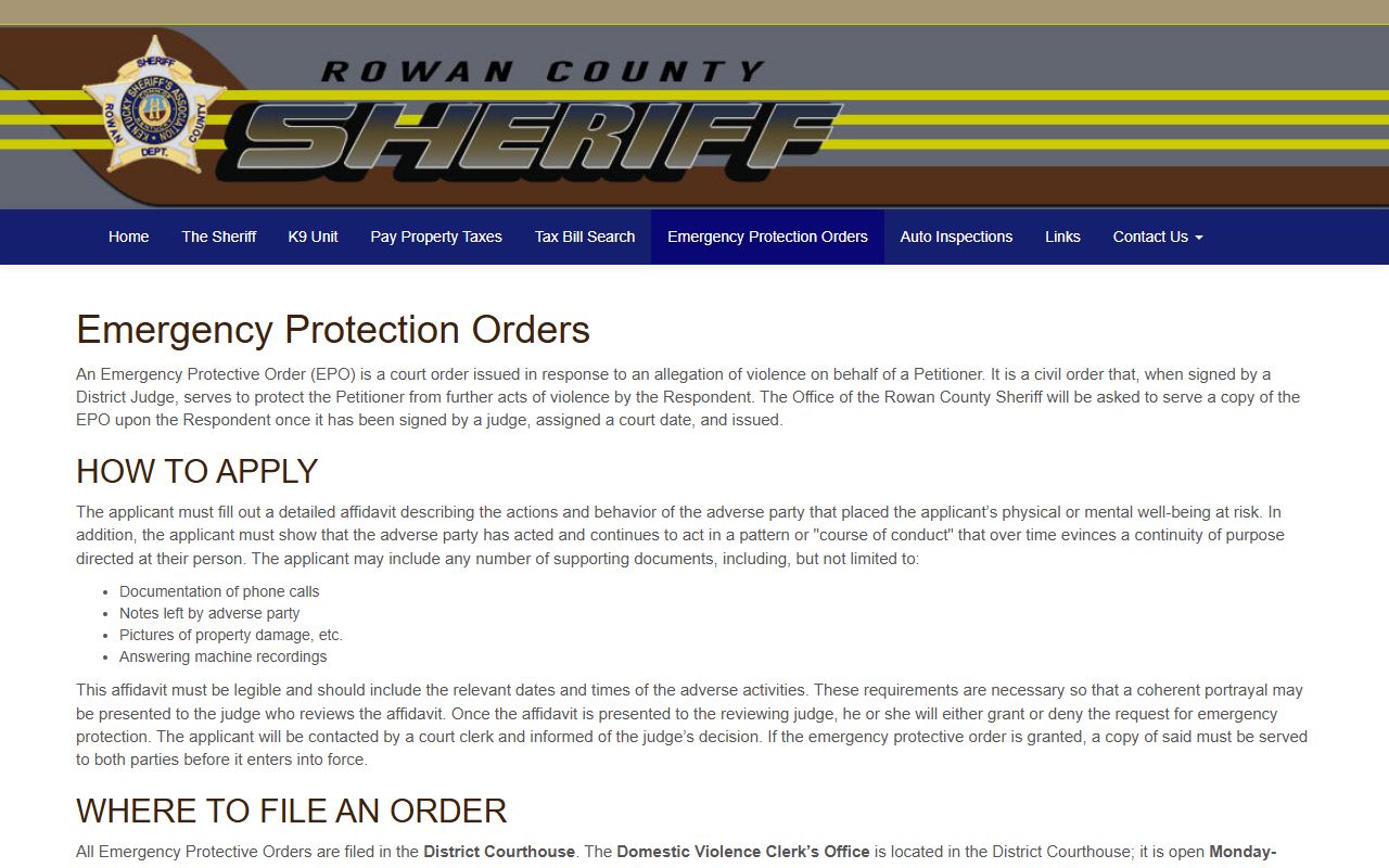 Rowan County warrant search emergency protection order information